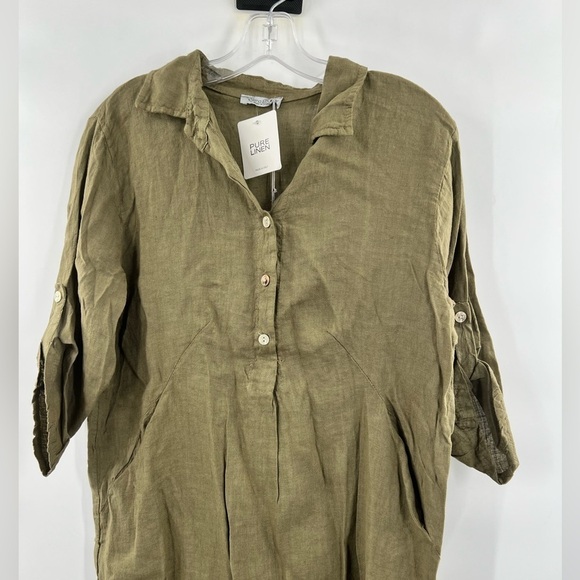 Elena Baldi green linen shirt dress roll sleeves new with tags size L - Picture 3 of 11